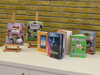 848914 Afbeelding van enkele jeugdboeken over robots, in het laboratorium (LAB) op de begane grond van Bibliotheek ...